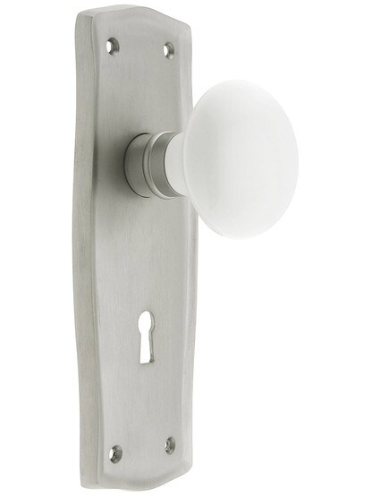 Prairie Style Door Set with White Porcelain Door Knobs Function in Satin Nickel Finish.